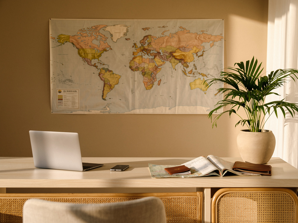 The agency's front desk with a laptop, a phone, a tropical plant and a map on the sand-toned wall, a chair out of focus