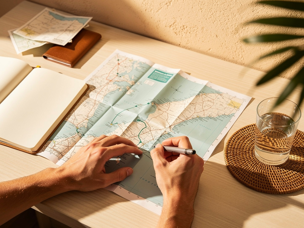 Close-up of hands sketching a route on a paper map beside a notebook and a rattan coaster.