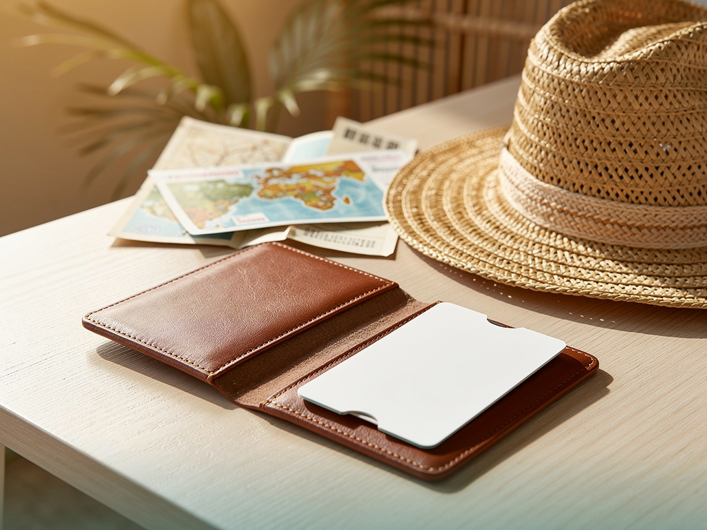 An open leather passport cover, a boarding pass with no readable text and a straw hat on a pale wood desk.