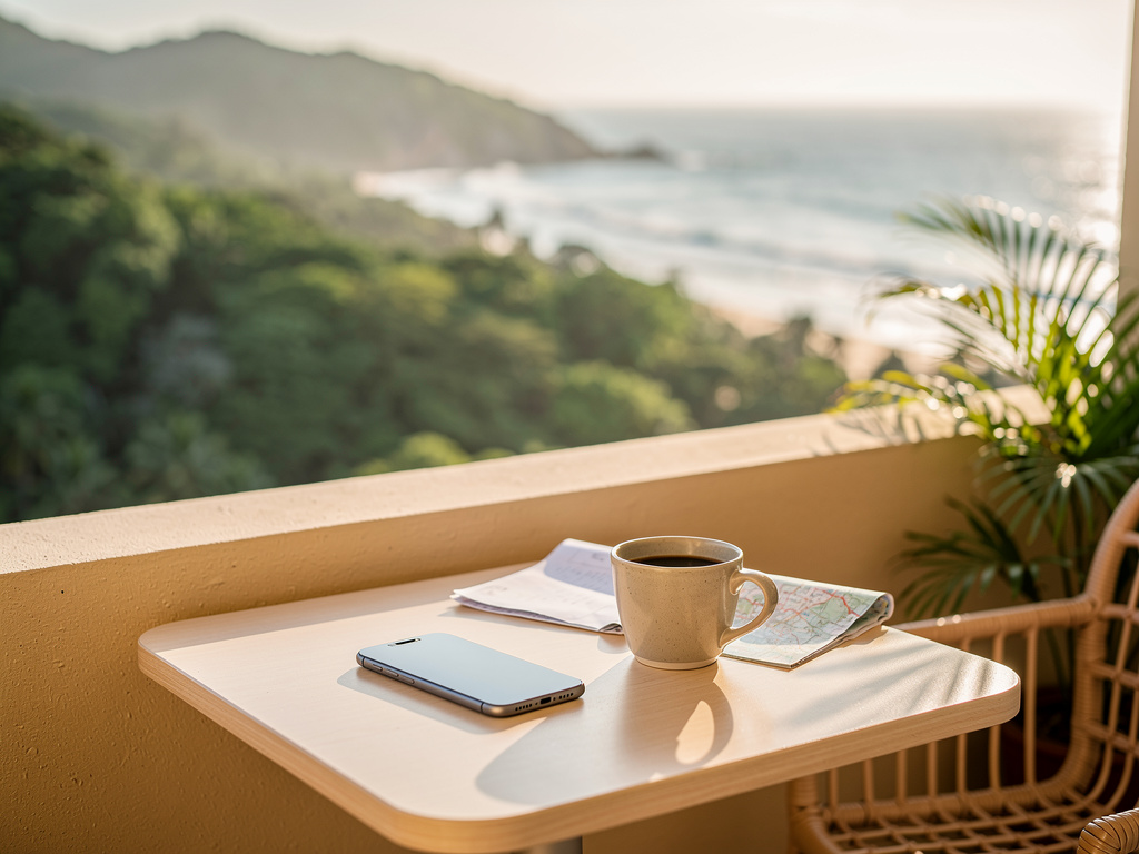 A smartphone and a coffee cup on a sunlit hotel balcony table overlooking a green Brazilian coastline.