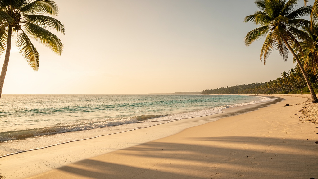 A wide, quiet Brazilian beach at golden hour with turquoise water, pale sand and palm trees framing the shoreline.