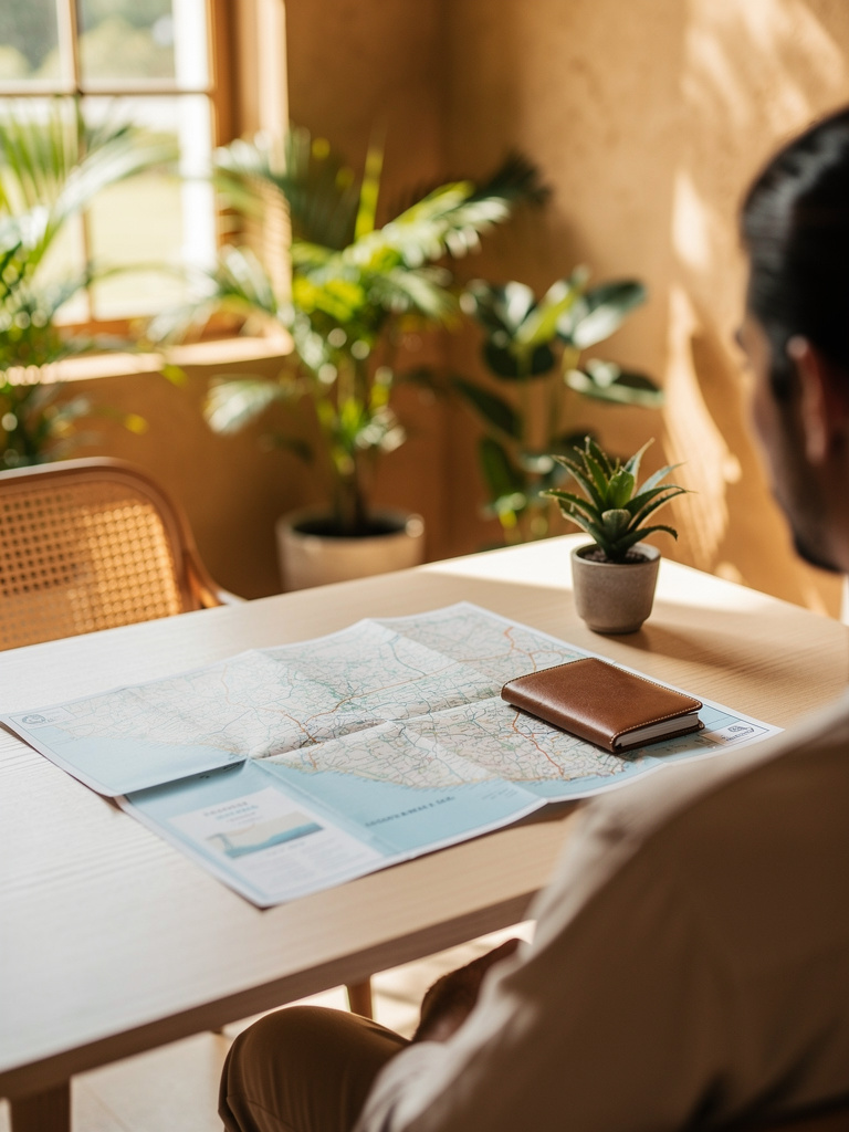 The agency studio seen from behind a planner at a pale wood desk, an unfolded map, a passport cover and a tropical plant